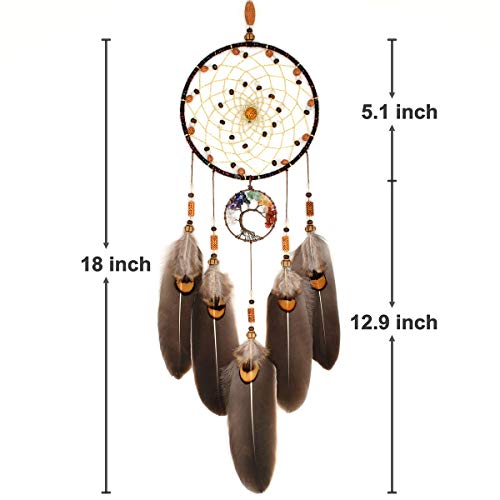 Tree of Life Dream Catcher with 7 Chakra Healing Crystals 18-inch Wall Decor