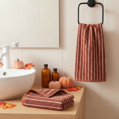 2-Piece Terracotta Striped Cotton Hand Towels - 13" x 29" Fall Decor