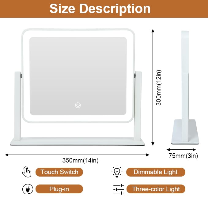 White 12x14 Inch Rechargeable LED Vanity Mirror with Lights & Touch Control
