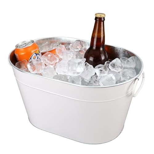 DAMSICO White Galvanized Beverage Tub with Handles - Large Ice Bucket for Parties