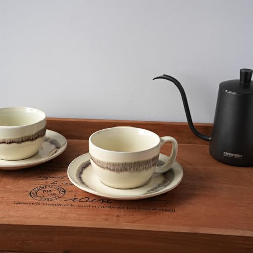 Bosmarlin 10 Oz Ceramic Cappuccino Cup & Saucer Set of 2 - Beige, Dishwasher & Microwave Safe