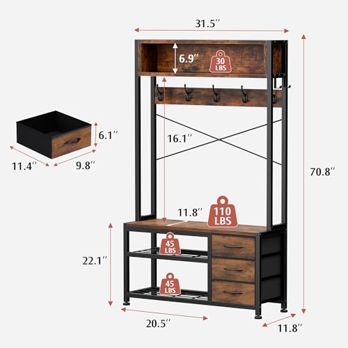 6-in-1 Entryway Hall Tree with Bench, 3 Drawers, and 12 Coat Hooks