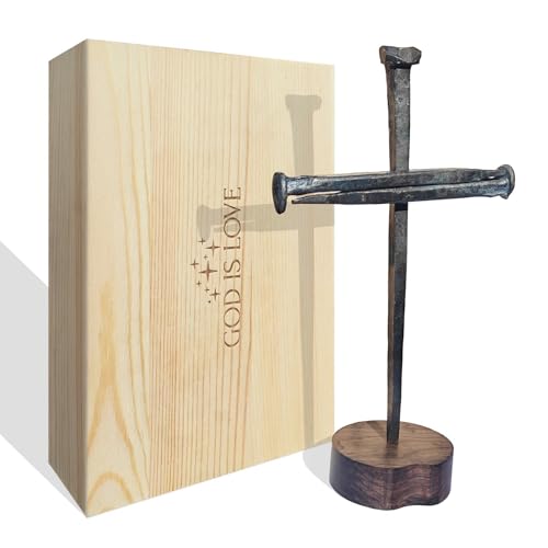 Hand-Forged Iron Crucifixion Nail Cross on Wooden Base - Religious Decor