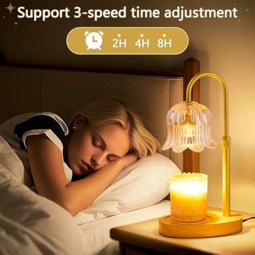 Dimmable Electric Candle Warmer Lamp with Timer - Amber Glass Flower Shade