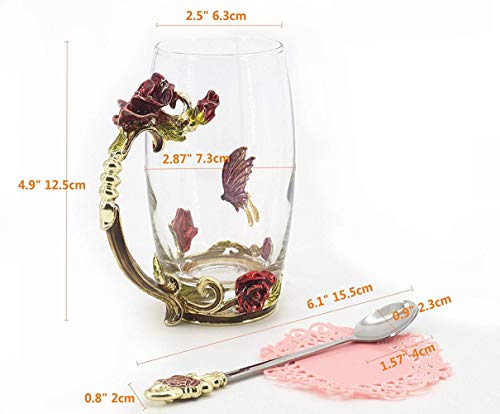 Guon-Wuvl 12 OZ Handicraft Crystal Glass Tea Mug with 3D Flower Butterfly Design and Gift Pack - Red Rose