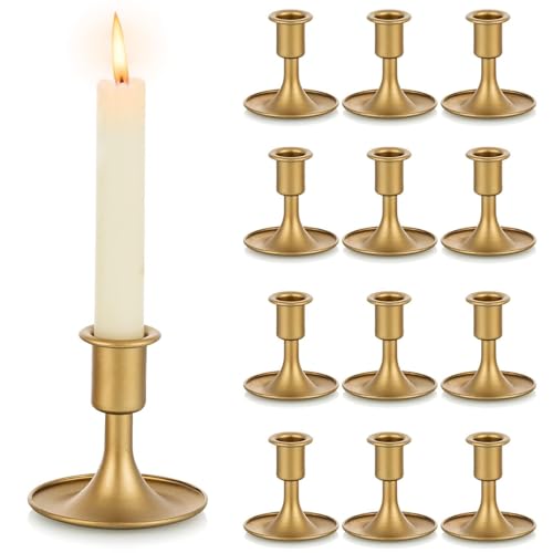 Hewory Gold 12pcs Taper Candle Holder Set for Weddings & Holidays - Small Brass Candlesticks for Centerpieces, Table Decor