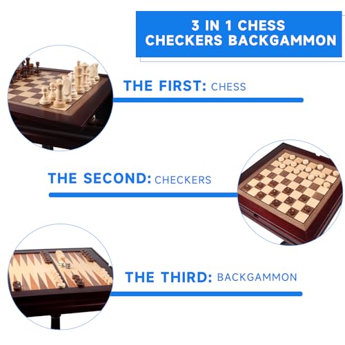3-in-1 Wooden Chess, Checkers and Backgammon Game Table with Storage