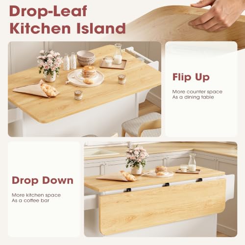Kitchen Island with Storage, Rolling Cart with Drop Leaf and Spice Rack