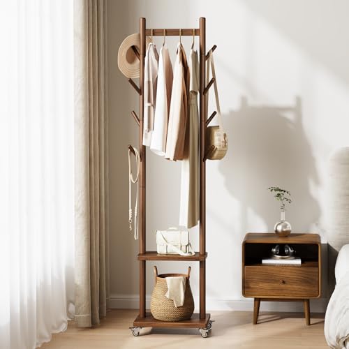 Solid Wood Rolling Coat Rack with 8 Hooks & Shelves, Portable Garment Stand