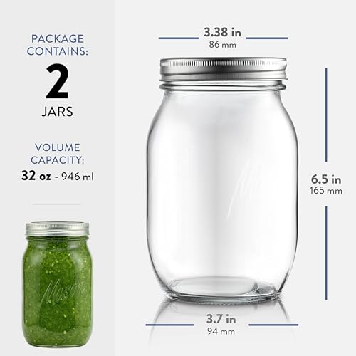 32 oz Wide Mouth Glass Mason Jars with Airtight Lids - 2-Pack