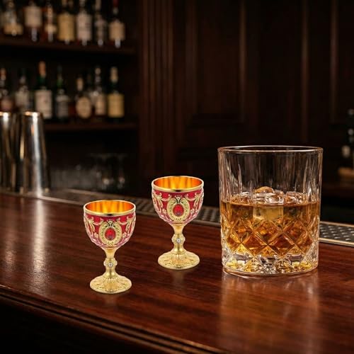 2-Piece Vintage Medieval Goblet Set - Gold and Red Alloy Wine Chalice