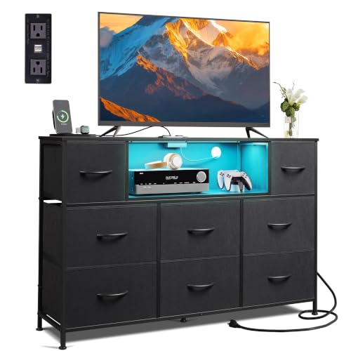 LED Dresser TV Stand for 55 Inch TV with Power Outlet & 8 Fabric Drawers