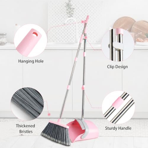 Long Handle Broom and Dustpan Set with Self-Cleaning Comb Teeth, Pink Gray