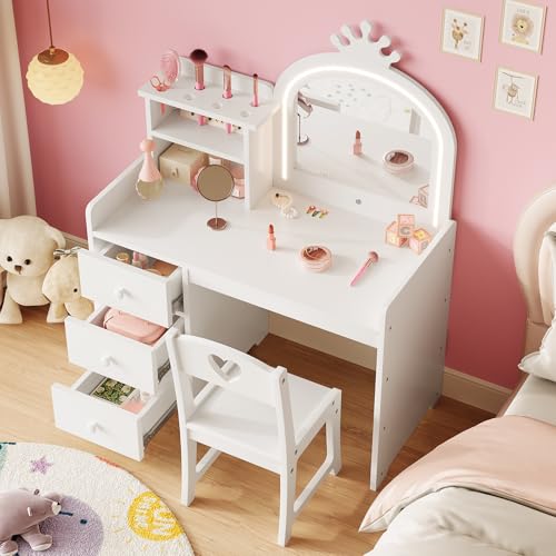Kids Vanity Set with Crown Mirror, 3-Color LED Lights, and Chair