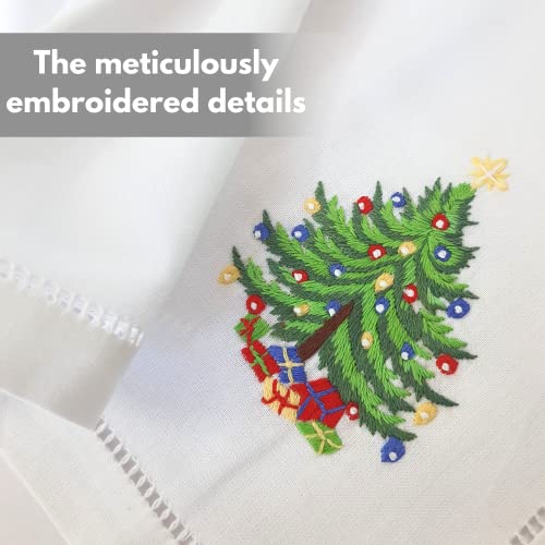 HCRAFT Christmas Tree Embroidered Cotton Napkins Set of 4, 18x18 Inches - Festive Cloth Tableware