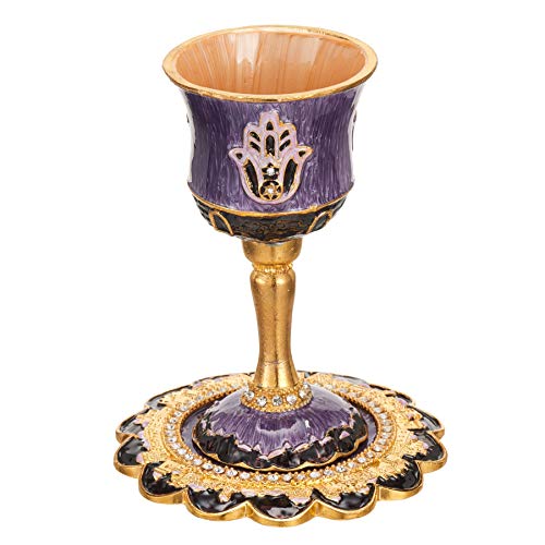 5-Inch Hand-Painted Enamel Kiddush Cup Set with Tray and Hamsa Design