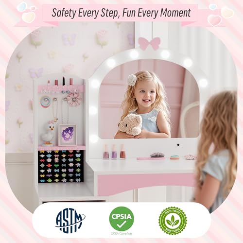 Kids Vanity Table and Chair Set with LED Mirror and Jewelry Organizer