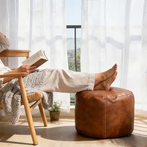 Unstuffed Faux Leather Pouf Ottoman Cover 16.5-inch Floor Footrest