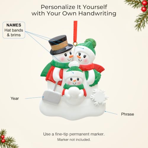 Personalized Snowman Family of 3 Christmas Ornament with Snow Shovel - Holiday Decor