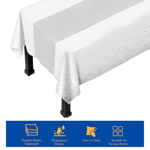 White and Silver Disposable Tablecloths 2 Pack 54x108 Inch for Party Decorations