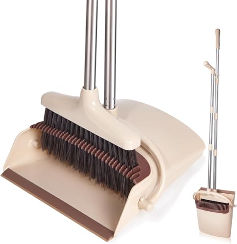 Upright Broom and Dustpan Set with Adjustable Long Handle & Built-In Comb