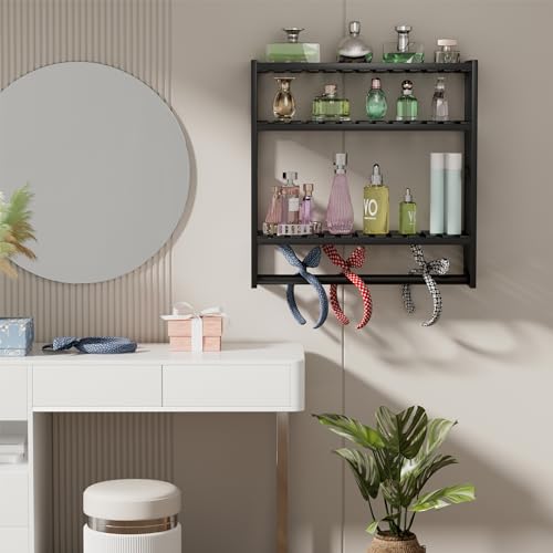 PPN Adjustable Bamboo Bathroom Wall Shelf with Towel Bar - Black Floating Rack
