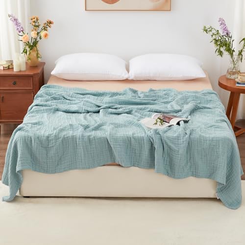 100% Cotton Muslin King Blanket - 6-Layer Lightweight Gauze Throw (Cyan)