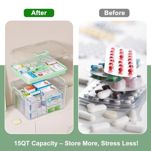 15QT Clear Medicine Organizer Box with Tray, Portable First Aid Storage Case