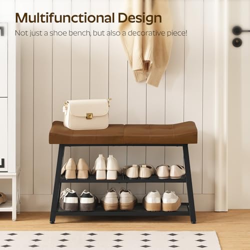 3-Tier Shoe Storage Bench with Padded PU Leather Seat and Metal Frame