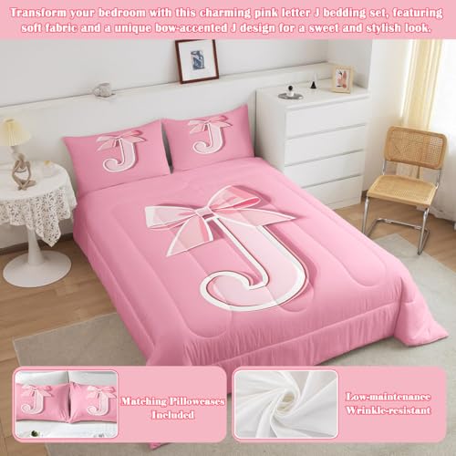 jejeloiu Pink Bowknot Bedding Set, King Size, Decor Personalized Teen Girl Gifts Ultra Soft Initial Letter J Bedding Set, Girly Romantic Comforter Kawaii Pink,Duvet Set Room Decor Quilt Set