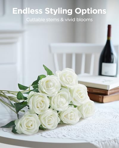 50 Pcs White Artificial Silk Roses with Long Stems - Wedding Decor