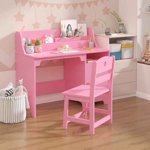 Kids Wooden Desk and Chair Set with Hutch Storage for Study Room