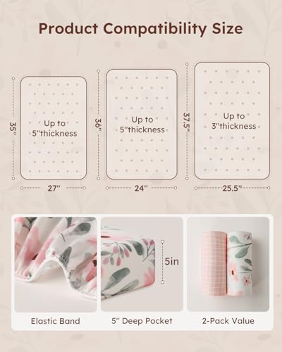 Yoofoss Pack and Play Fitted Sheets 2-Pack - 38x26 Mini Crib Sheets (Pink)