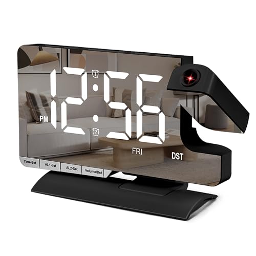 Digital Projection Alarm Clock with 180° Projector & 7.3" Mirror Display