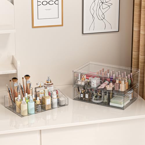 Aurblozen 3 Pack Clear Stackable Makeup Organizer with Drawers, 12"W Acrylic Storage