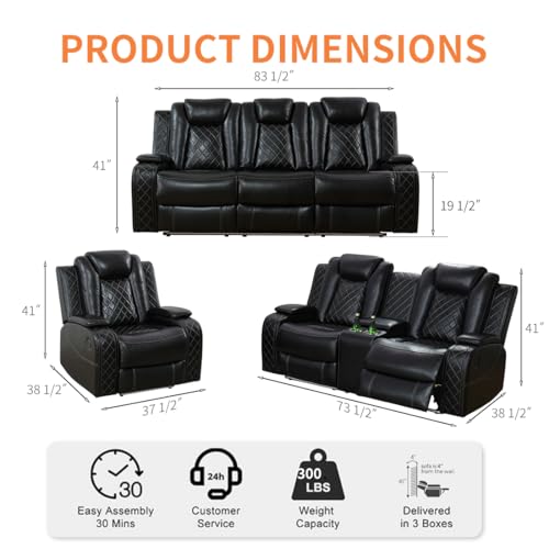 3-Piece Power Reclining Sofa Set with Storage Console and LED Lighting