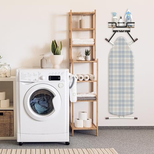 Wall-Mounted Ironing Board Hanger with Wood Shelf for Laundry Room Storage