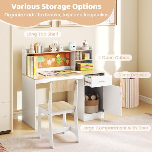 Kids Wooden Desk and Chair Set with Hutch and Storage for Studying