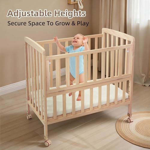 Portable Wooden Bedside Bassinet with Mattress, 6-Height Adjustable Mini Crib
