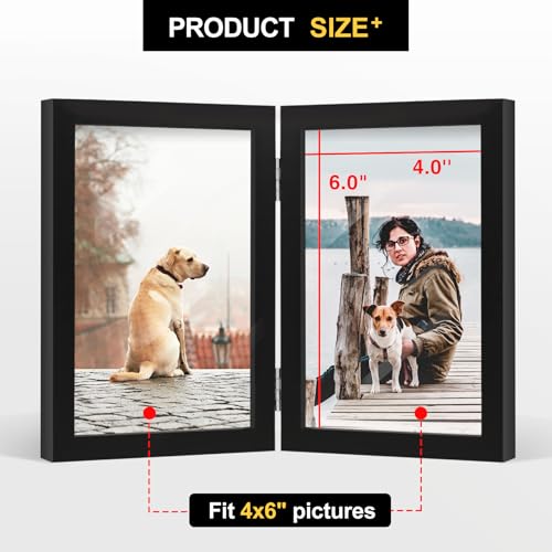 4x6 Double Picture Frame - Black Wooden Hinged Photo Frame for Tabletop