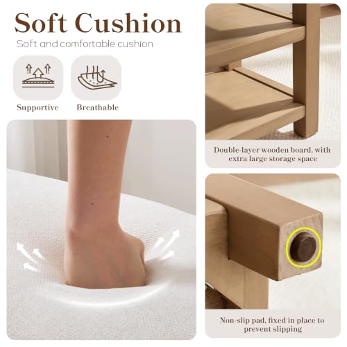 2-Tier Solid Wood Shoe Bench with Linen Cushion - 39.4-Inch Storage Rack