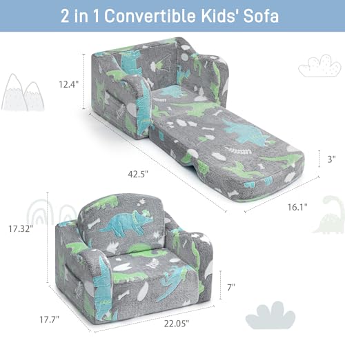 2-in-1 Convertible Kids Sofa Chair - Foldable Foam Plush Couch, Gray Dinosaur