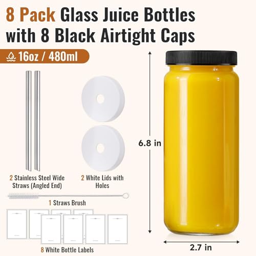 8-Pack 16oz Glass Juice Bottles with Airtight Lids and Straws Set