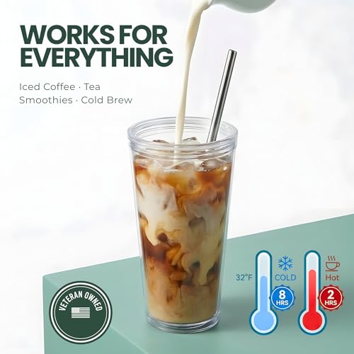 24 oz Reusable Insulated Iced Coffee Tumbler with Lid, Straws, and Brush