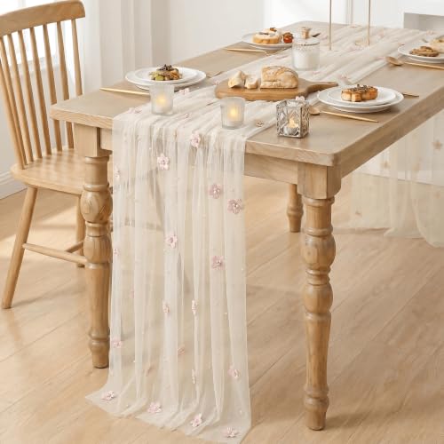 Artoid Mode 28x120 Inch Pink & White Pearl Flower Gauze Table Runner for Wedding & Holiday Decor
