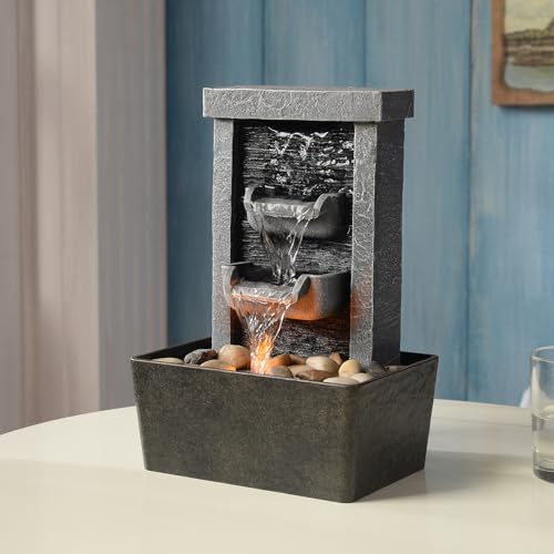 Tabletop Indoor Waterfall Fountain with LED Lights & Natural River Rocks