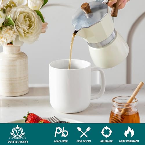 Vancasso 16 oz White Porcelain Coffee Mug Set - Durable Dishwasher & Microwave Safe, Ideal for Hot & Cold Beverages