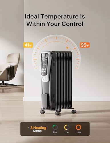 Oil Filled Radiator Heater with Remote, 1500W Quiet Space Heater