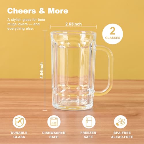 Set of 2 Glass Beer Mugs, 11oz Clear Beer Steins with Handles