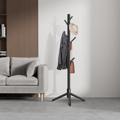 8-Hook Freestanding Coat Rack, Adjustable Height Solid Wood Coat Tree